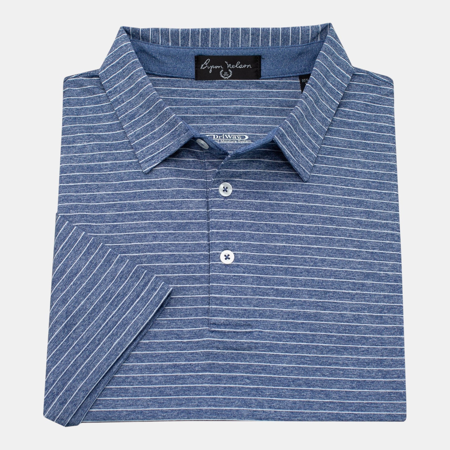 Byron Nelson blue and white striped performance polo shirt made of polyester and spandex blend.