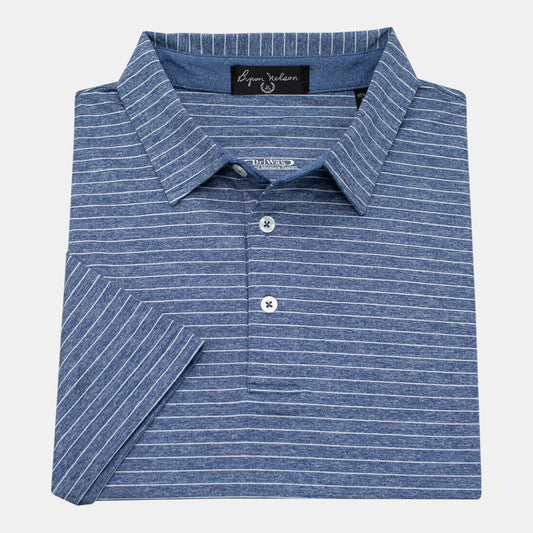 Byron Nelson blue and white striped performance polo shirt made of polyester and spandex blend.