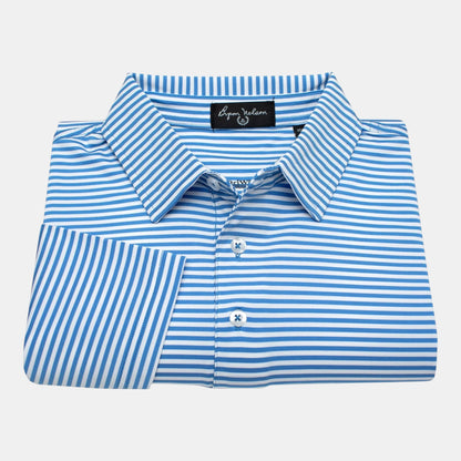 Byron Nelson blue and white striped polo shirt made of polyester and spandex with a self-fabric collar.