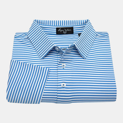 Byron Nelson blue and white striped polo shirt made of polyester and spandex with a self-fabric collar.