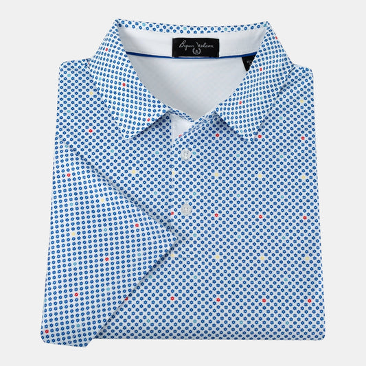 Byron Nelson Bluegrass Bloom polo shirt in white with a blue, red, and yellow floral pattern and moisture-wicking fabric