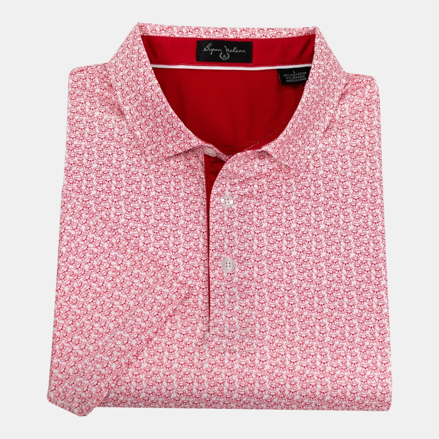 Byron Nelson red and white bulldog print polo shirt with a moisture-wicking stretch fabric and tailored fit.