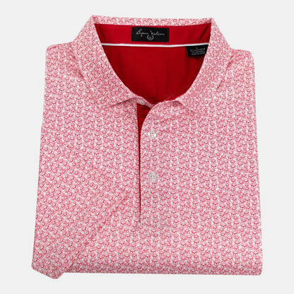 Byron Nelson red and white bulldog print polo shirt with a moisture-wicking stretch fabric and tailored fit.