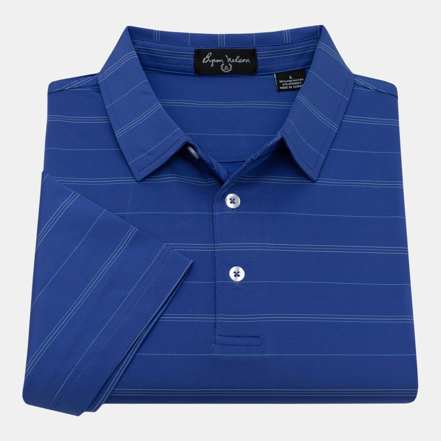 Byron Nelson Caddie Stripe blue polyester-spandex polo shirt with subtle stripes and white buttons.