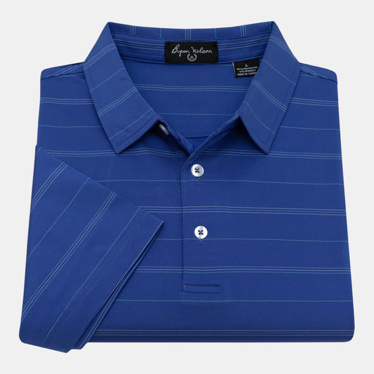 Byron Nelson Caddie Stripe blue polyester-spandex polo shirt with subtle stripes and white buttons.