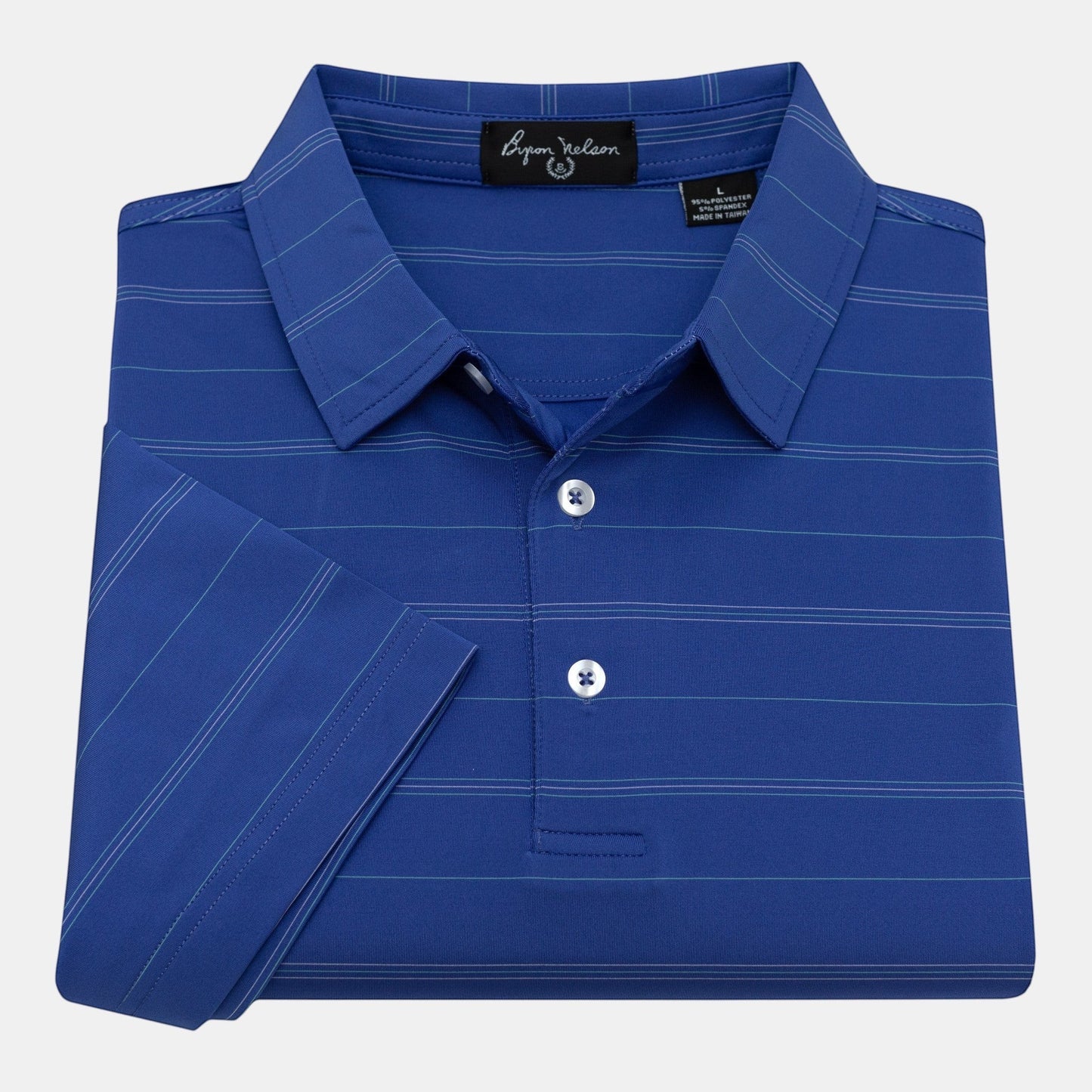 Byron Nelson Caddie Stripe blue polyester-spandex polo shirt with subtle stripes and white buttons.