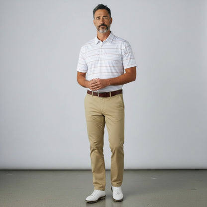 Byron Nelson Caddie Stripe polo shirt in white with horizontal stripes, worn by a man with khaki trousers.