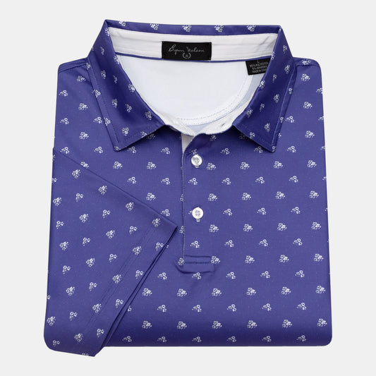 Byron Nelson Carolina Bloom purple golf polo with white floral pattern, 95% polyester/5% spandex blend.