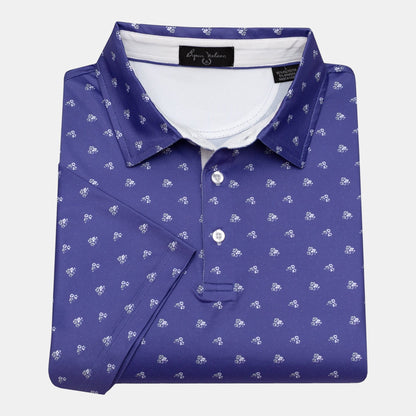 Byron Nelson Carolina Bloom purple golf polo with white floral pattern, 95% polyester/5% spandex blend.