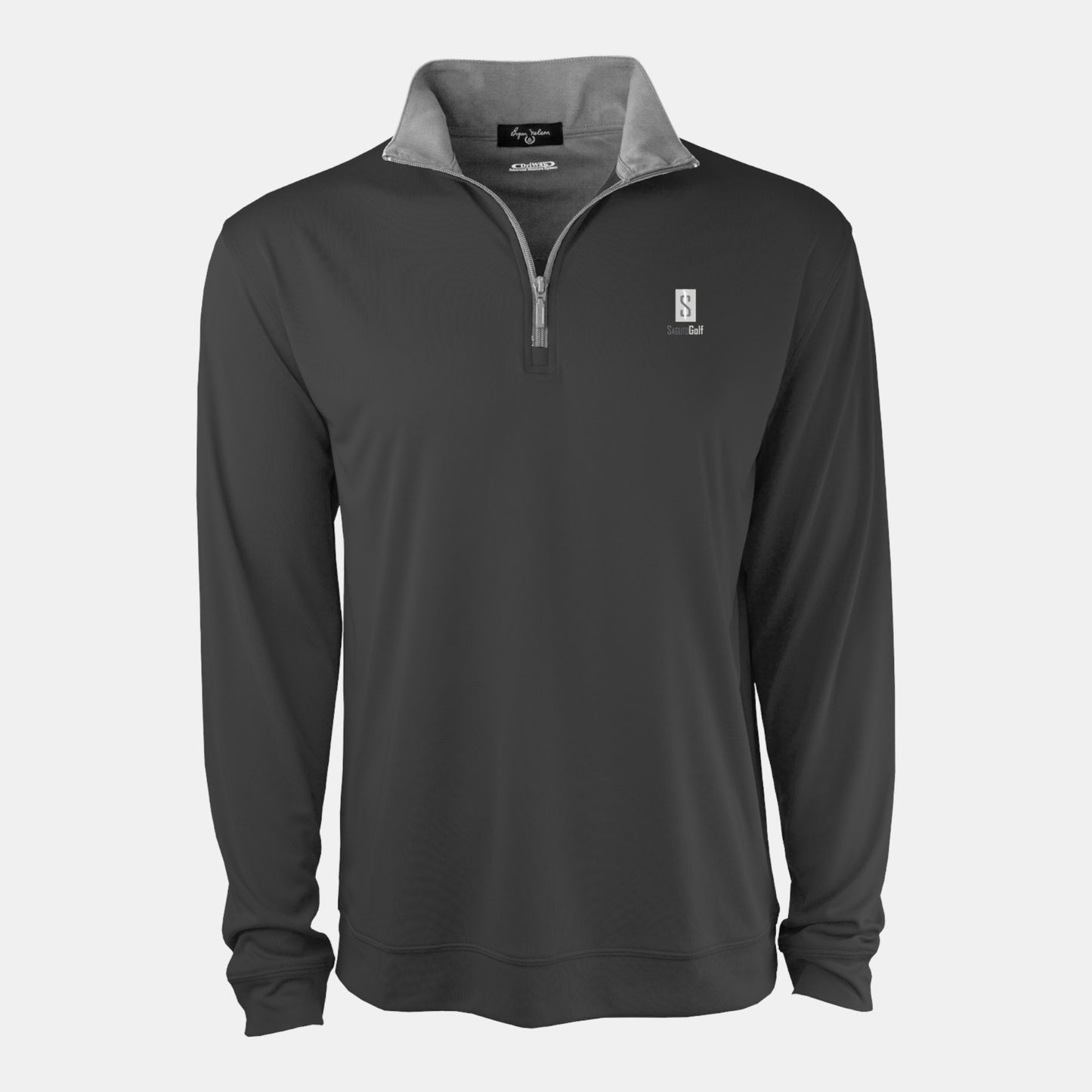 Byron Nelson charcoal grey polyester-spandex 1/4 zip pullover with Saguto logo, moisture-wicking and quick-drying.