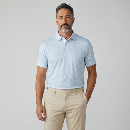 Byron Nelson light blue polo shirt with a subtle dog print, made from polyester and spandex for comfort and breathability.