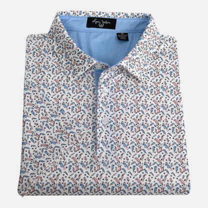 Byron Nelson Fairway Flock polo shirt with a white base and a repeating parrot print in pink and blue. Made of polyester and spandex.