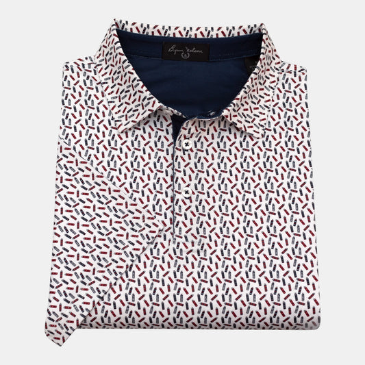 Byron Nelson The Firecracker Polo shirt with red, white, and blue fireworks pattern on navy fabric. 95% polyester, 5% spandex.
