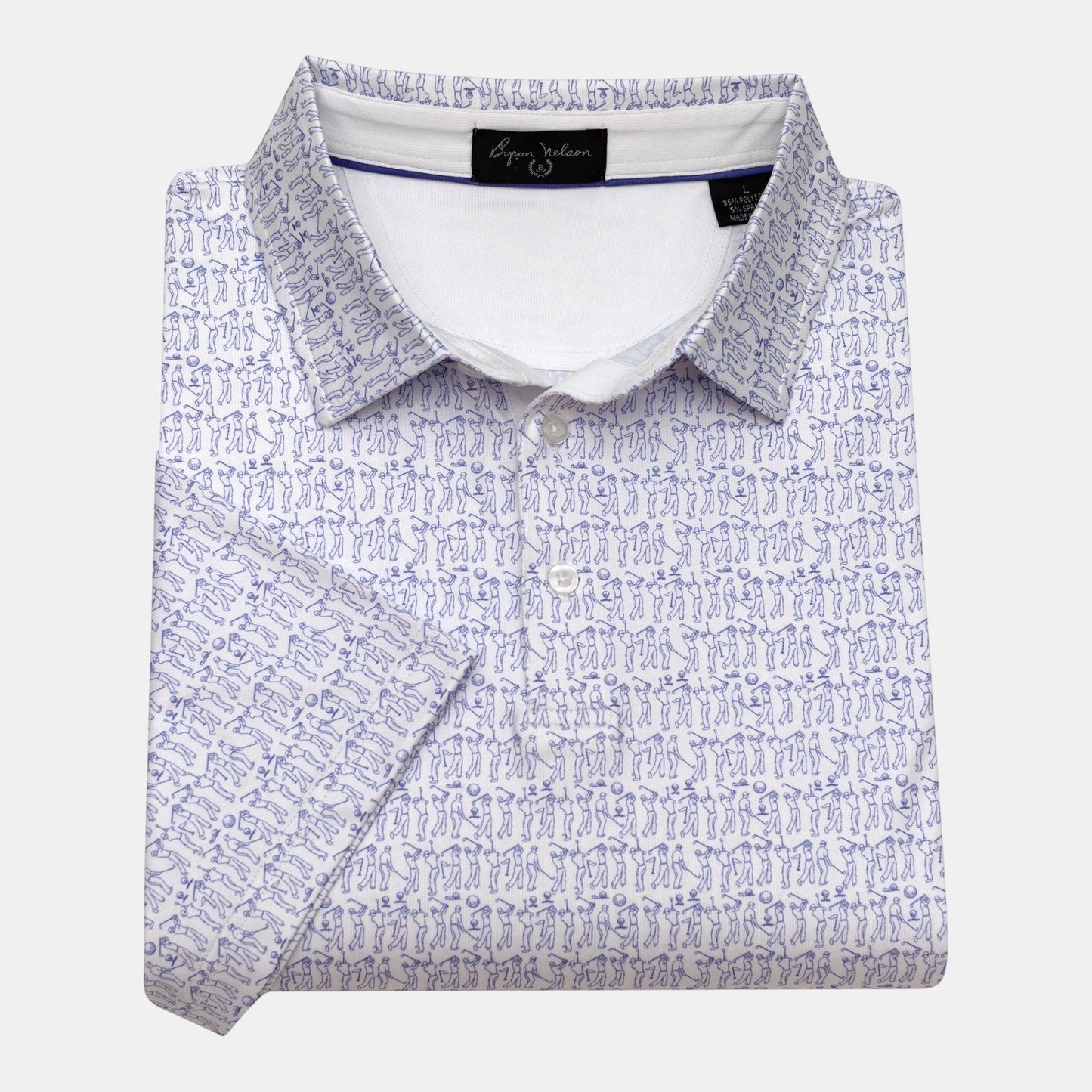 Byron Nelson white short-sleeve polo shirt with blue golfer pattern, moisture-wicking, and stretch fabric.