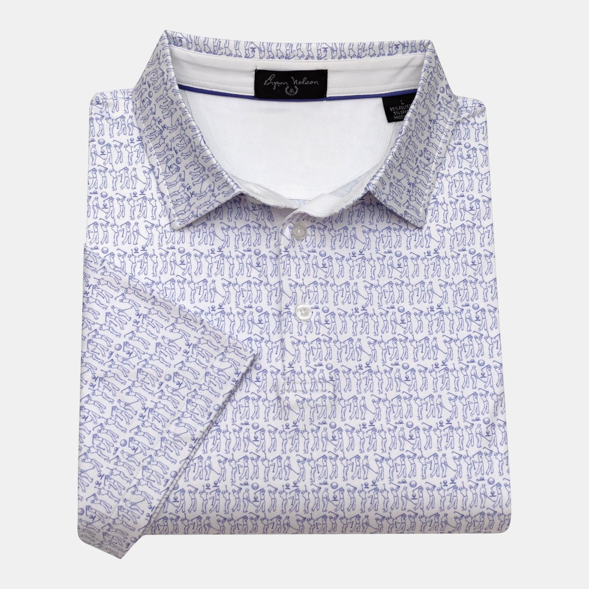 Byron Nelson white short-sleeve polo shirt with blue golfer pattern, moisture-wicking, and stretch fabric.