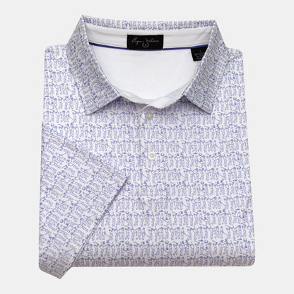 Byron Nelson white short-sleeve polo shirt with blue golfer pattern, moisture-wicking, and stretch fabric.