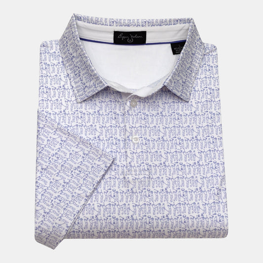 Byron Nelson white short-sleeve polo shirt with blue golfer pattern, moisture-wicking, and stretch fabric.