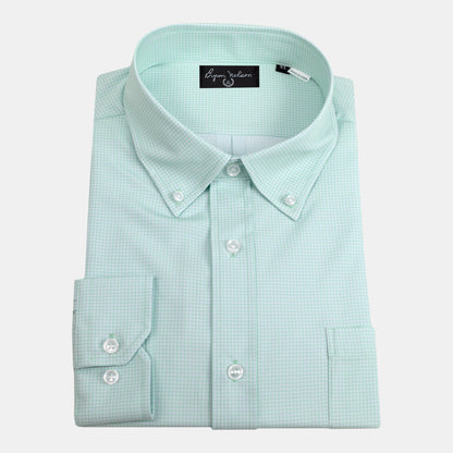 Byron Nelson light green performance button down shirt with a subtle checkered pattern and button-down collar.