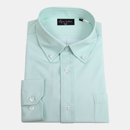 Byron Nelson light green performance button down shirt with a subtle checkered pattern and button-down collar.