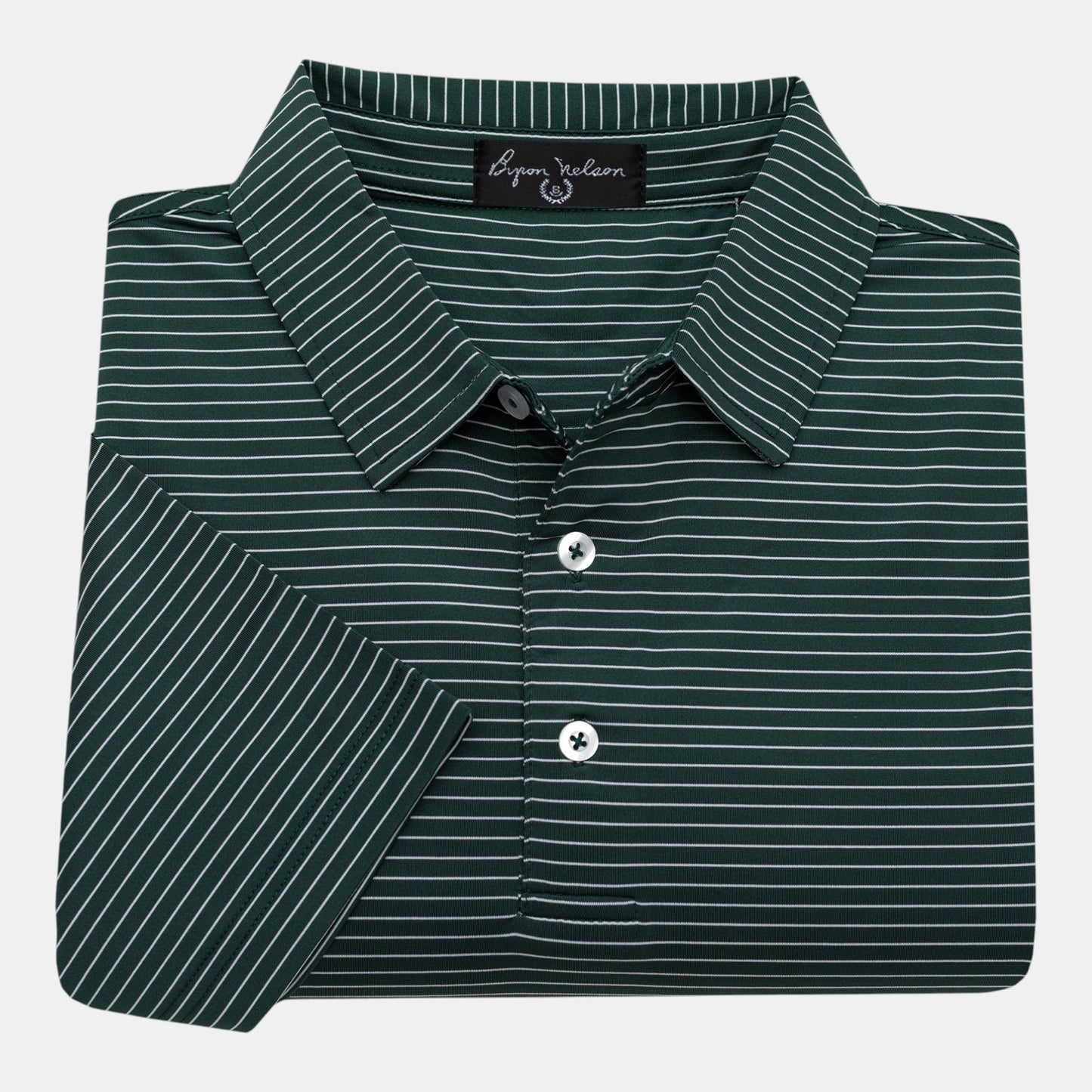 Byron Nelson green and white striped polo shirt, 95% polyester/5% spandex blend, moisture-wicking, four-way stretch.