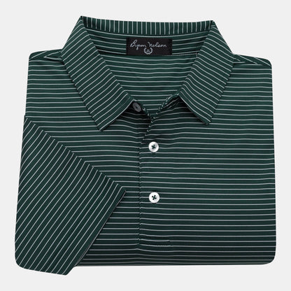 Byron Nelson green and white striped polo shirt, 95% polyester/5% spandex blend, moisture-wicking, four-way stretch.