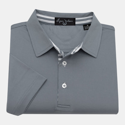 Byron Nelson grey short-sleeve polo shirt with striped placket and neck band. Made from a polyester-spandex blend.