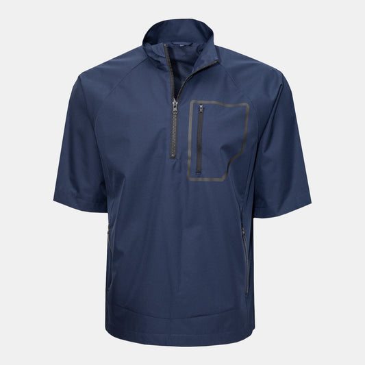 Byron Nelson Hamptons Pullover, navy blue, 100% polyester, short sleeve, 1/4 zip, waterproof, with chest and side zip pockets.