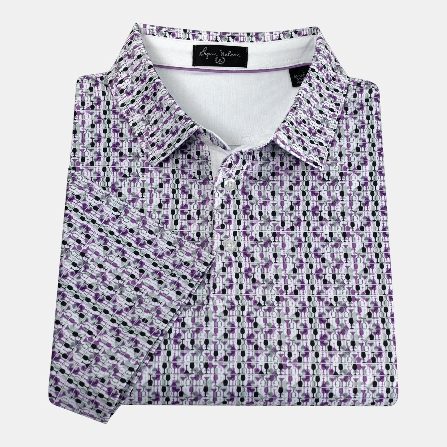 Byron Nelson Happy Hour Polo in purple drink glass print with moisture-wicking stretch fabric on a blank background.