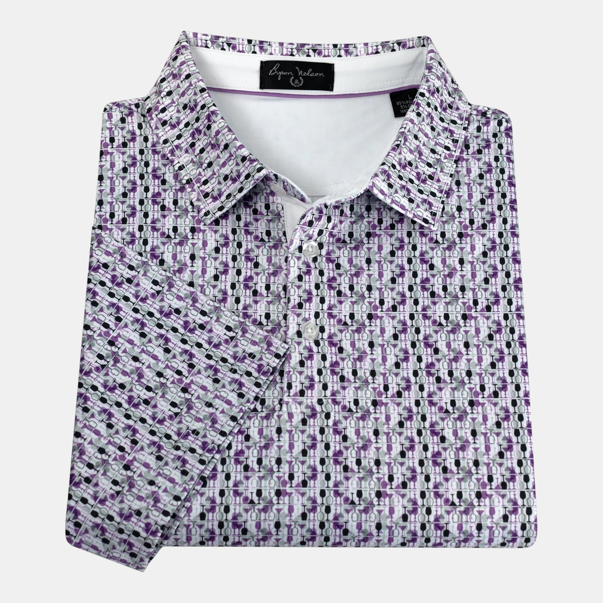 Byron Nelson Happy Hour Polo in purple drink glass print with moisture-wicking stretch fabric on a blank background.