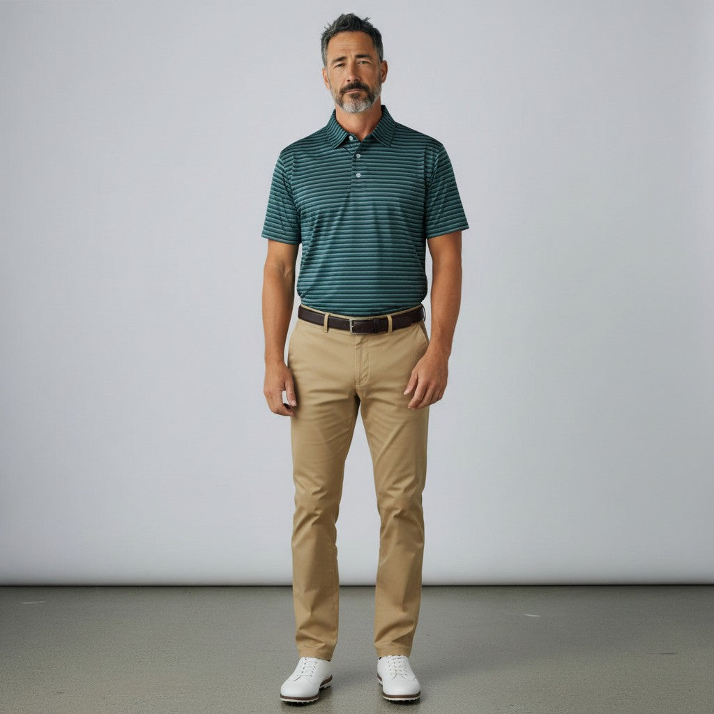 Byron Nelson Harborline Polo in green with performance stripes, worn by a man with khaki trousers and golf shoes.