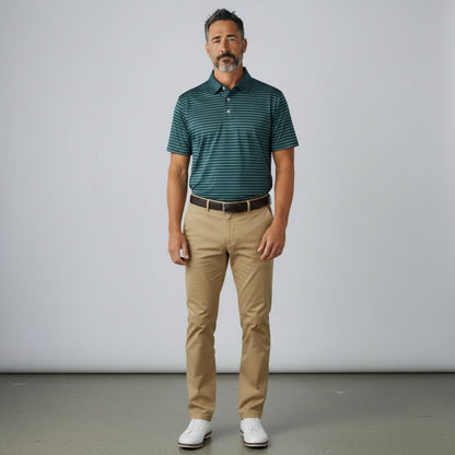 Byron Nelson Harborline Polo in green with performance stripes, worn by a man with khaki trousers and golf shoes.