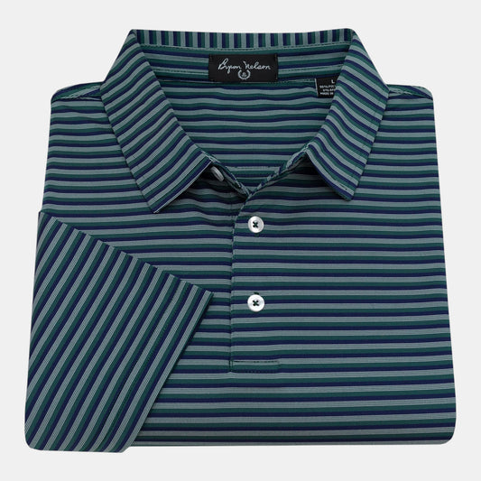 Byron Nelson Harborline Polo shirt with navy, green, and grey stripes. Made of 95% Polyester/5% Spandex.