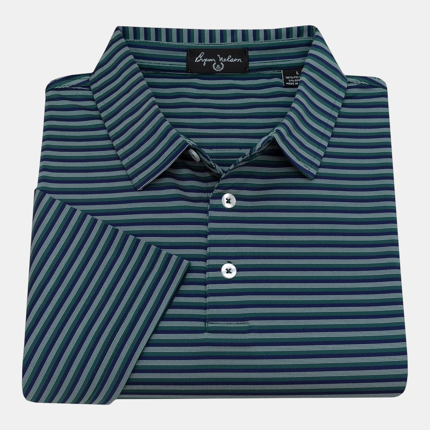 Byron Nelson Harborline Polo shirt with navy, green, and grey stripes. Made of 95% Polyester/5% Spandex.