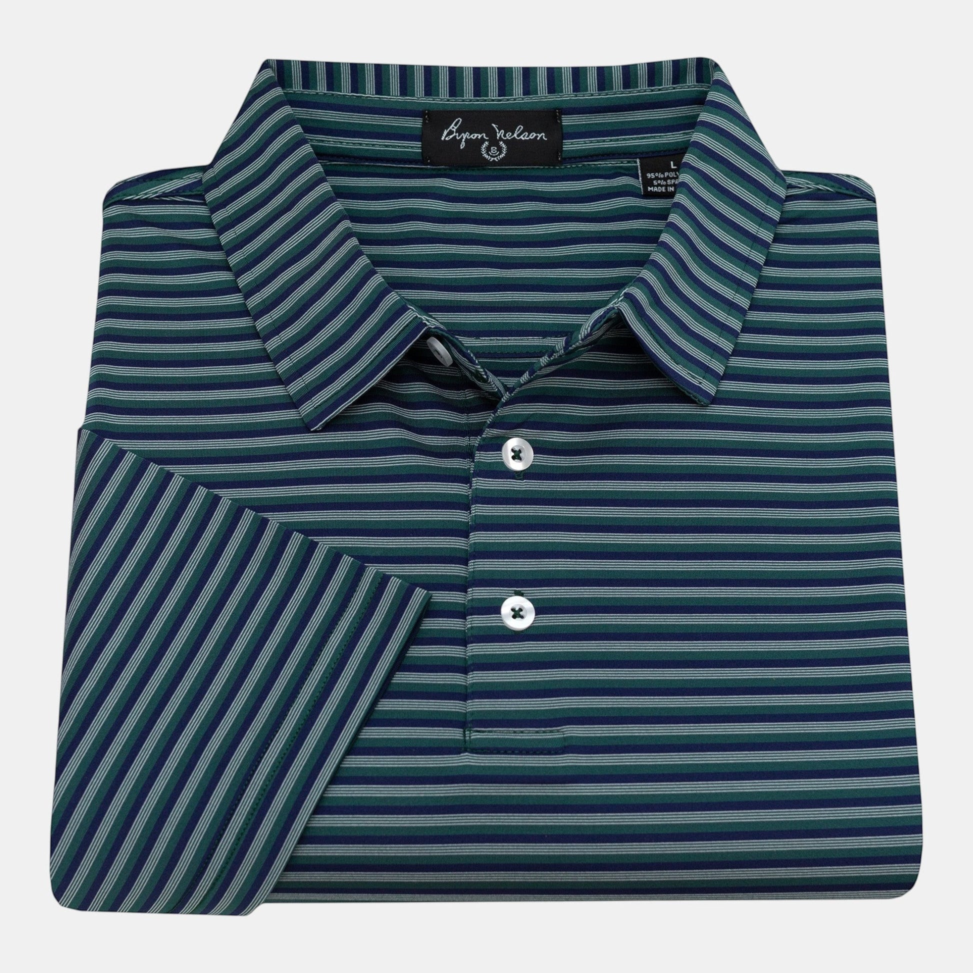 Byron Nelson Harborline Polo shirt with navy, green, and grey stripes. Made of 95% Polyester/5% Spandex.