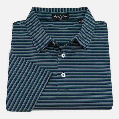 Byron Nelson Harborline Polo shirt with navy, green, and grey stripes. Made of 95% Polyester/5% Spandex.