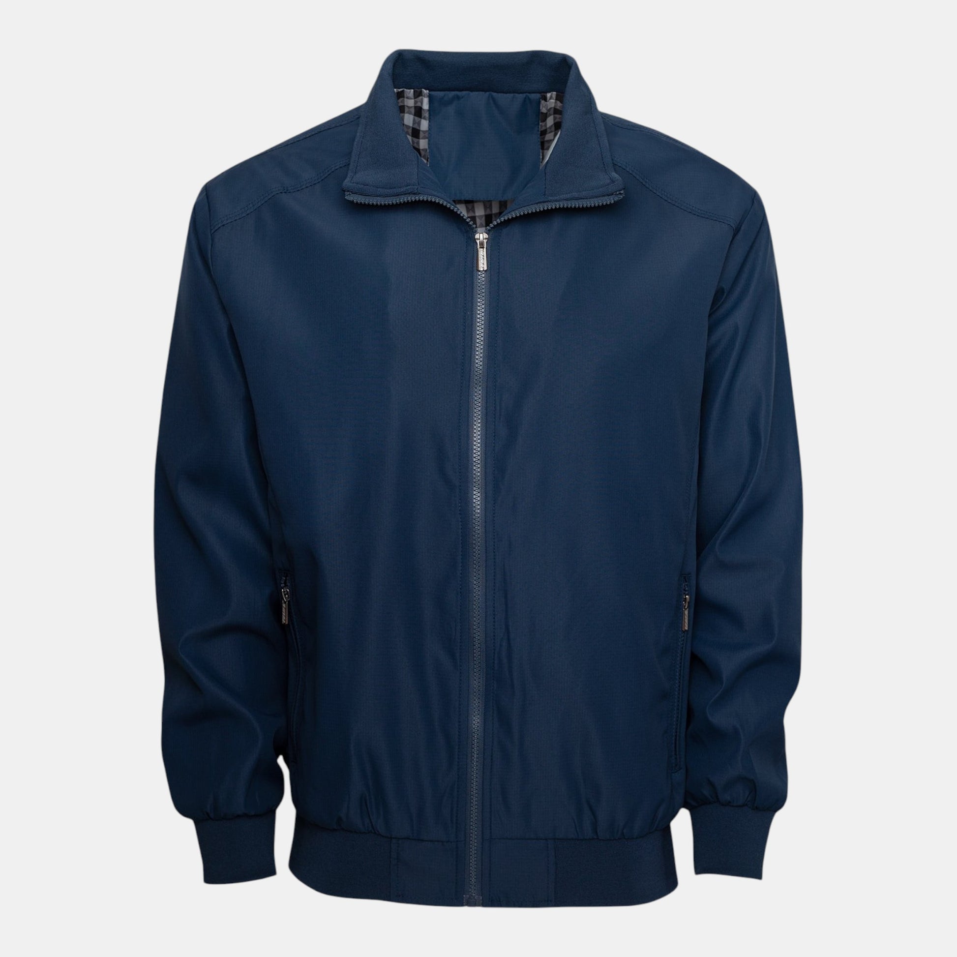 Byron Nelson navy blue polyester bomber jacket with full-zip front and stand collar, ideal for golf.