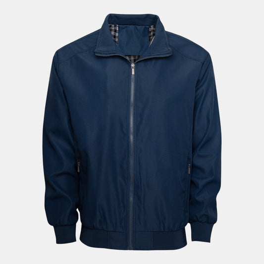 Byron Nelson navy blue polyester bomber jacket with full-zip front and stand collar, ideal for golf.
