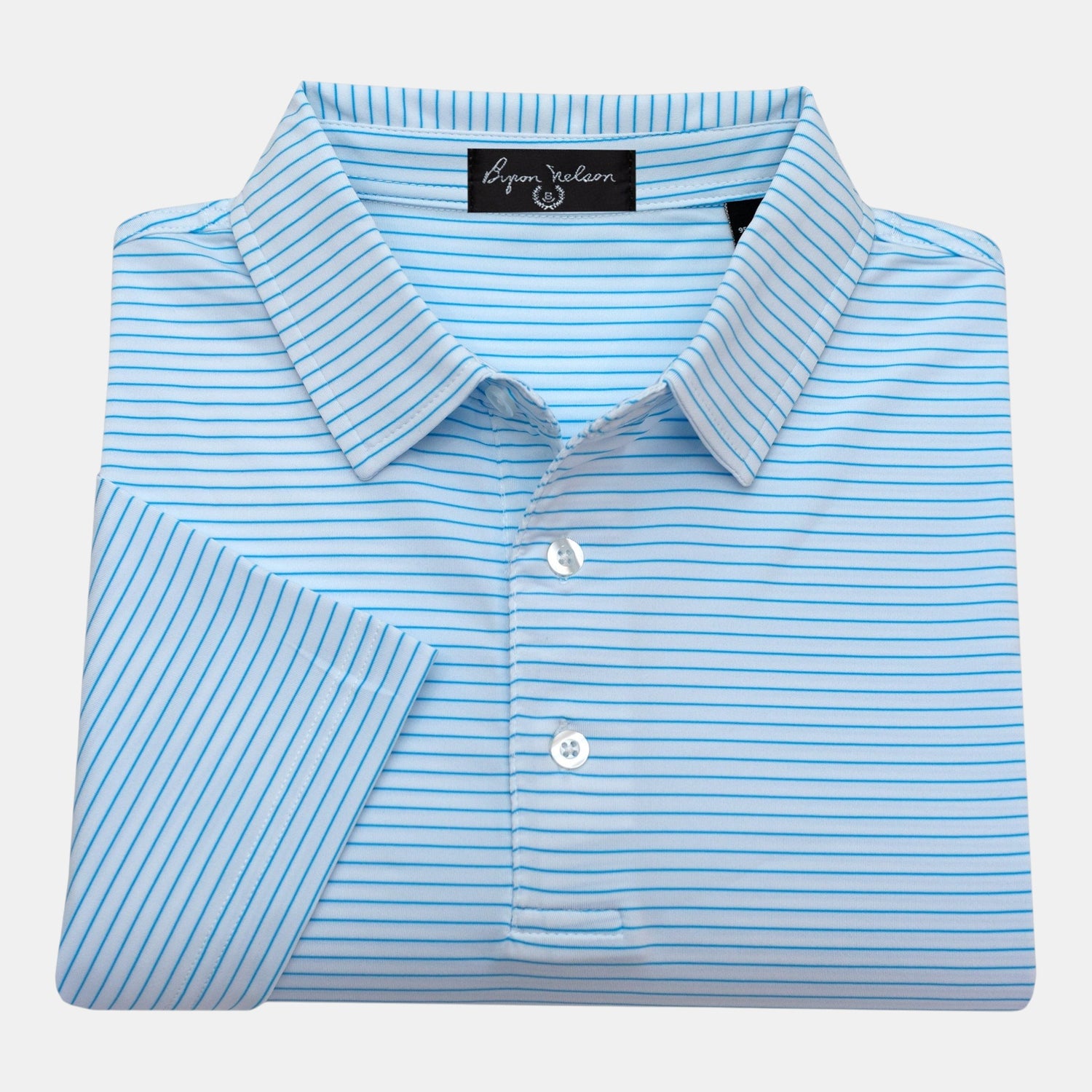 Byron Nelson Key West Polo in Baltic Blue with white stripes. 95% polyester, 5% spandex blend with moisture-wicking.
