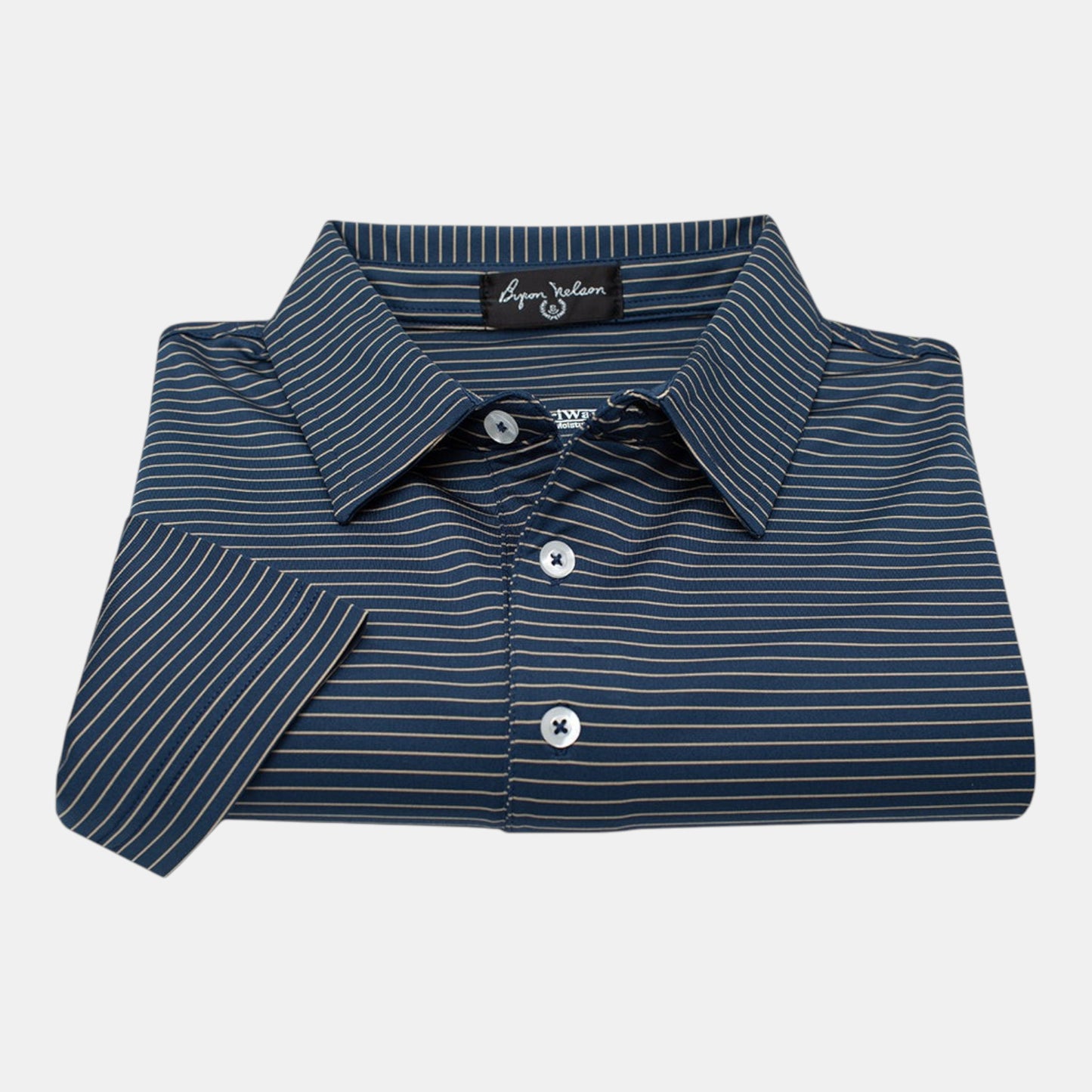 Byron Nelson Key West Polo in Baltic Blue with white stripes. 95% polyester, 5% spandex blend with moisture-wicking.