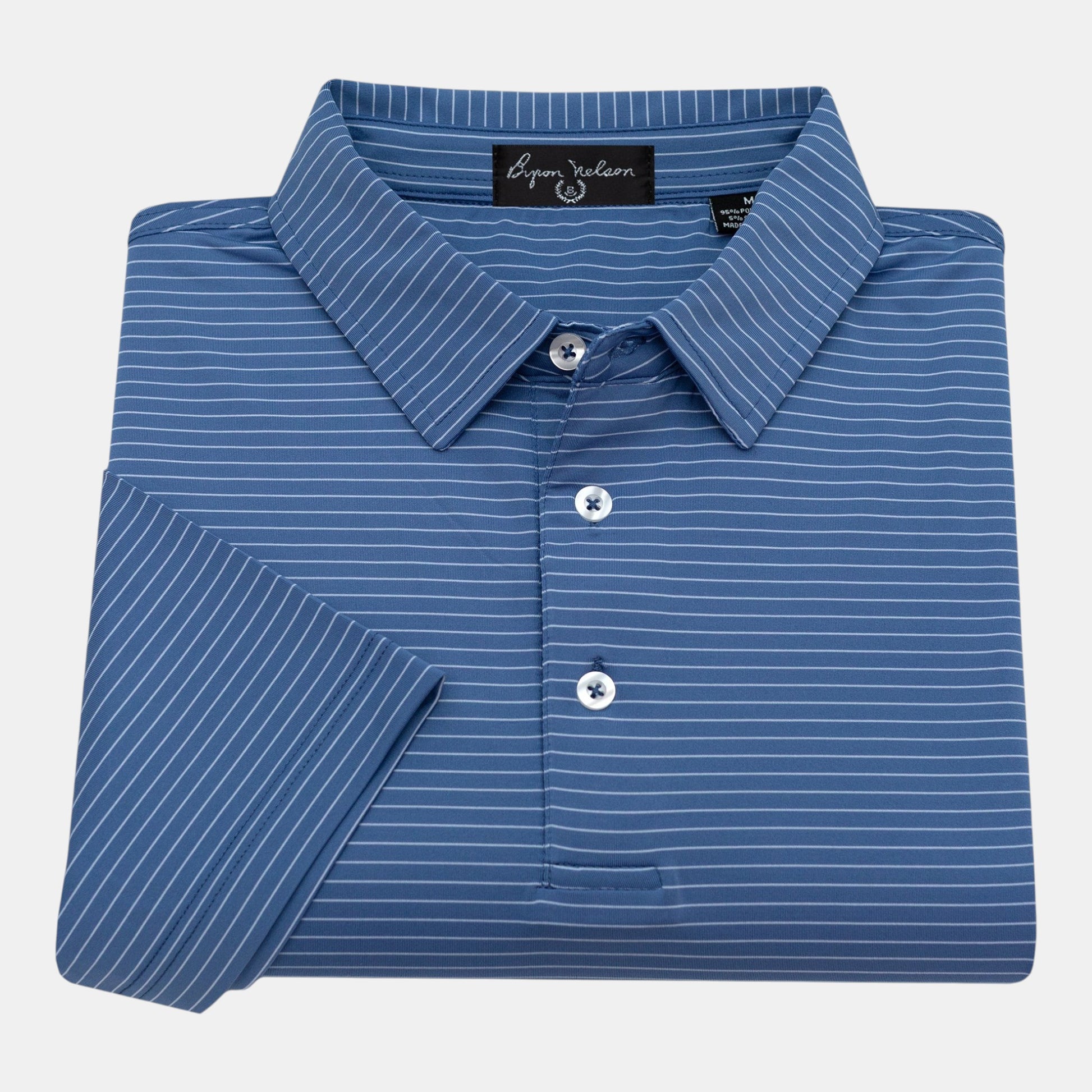 Byron Nelson Key West Polo in Baltic Blue with white stripes, made from polyester/spandex blend with moisture-wicking and stretch features.