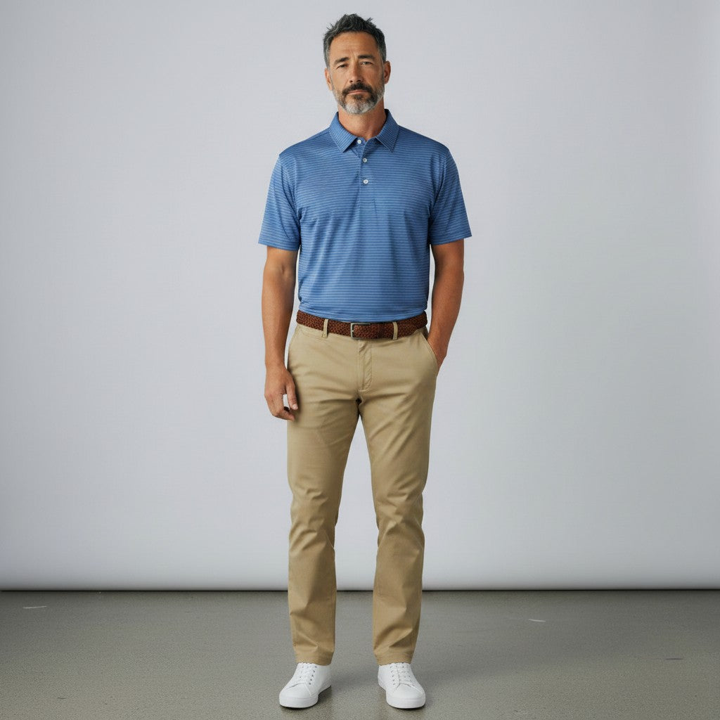 Byron Nelson Key West Polo in Baltic Blue with white stripes, worn by a man with khaki pants and white sneakers.