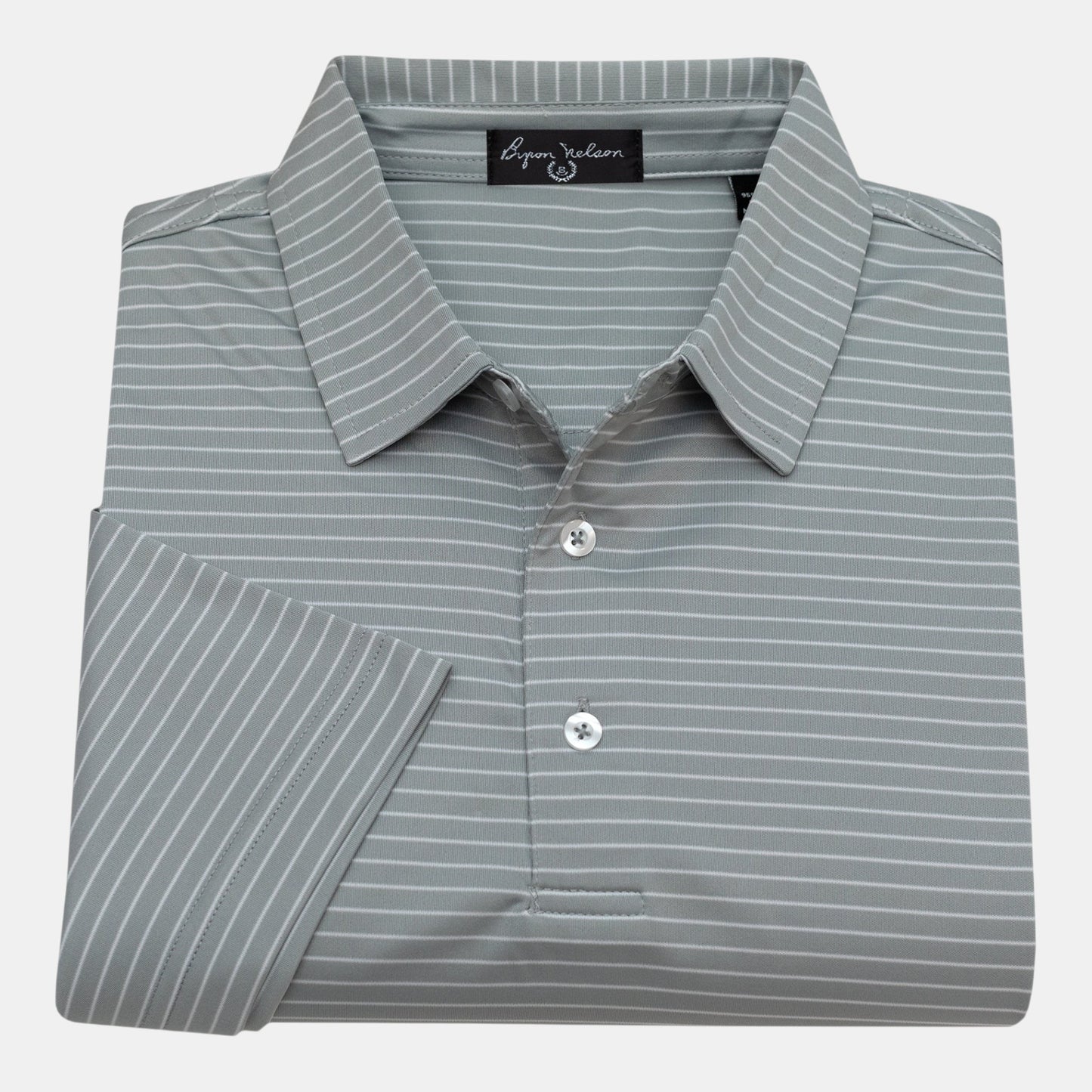 Byron Nelson Key West Polo in grey with white stripes. 95% polyester, 5% spandex blend with moisture-wicking and stretch.