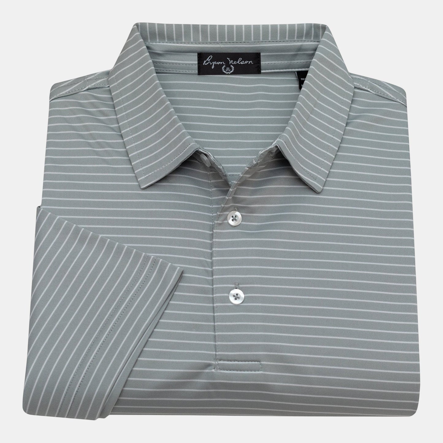 Byron Nelson Key West Polo in grey with white stripes. 95% polyester, 5% spandex blend with moisture-wicking and stretch.