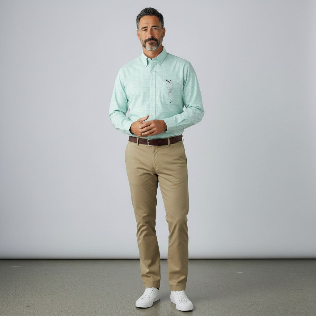 Byron Nelson performance button down shirt in light green with a tailored fit, worn with khaki trousers.