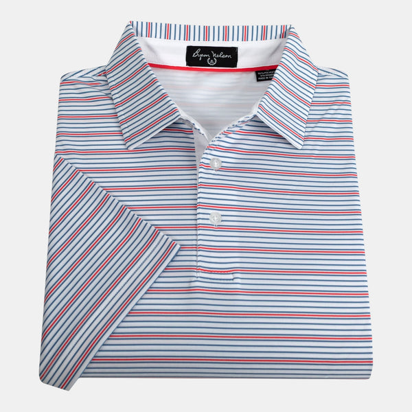 Byron Nelson Mariner Stripe polo shirt with blue and red horizontal stripes on white polyester-spandex fabric.