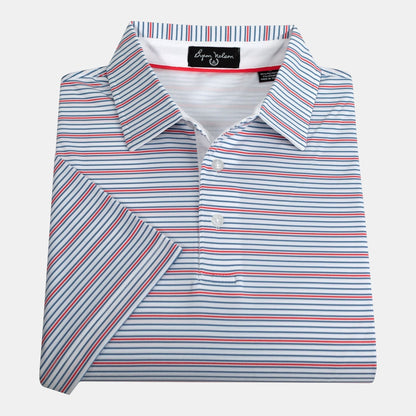 Byron Nelson Mariner Stripe polo shirt with blue and red horizontal stripes on white polyester-spandex fabric.