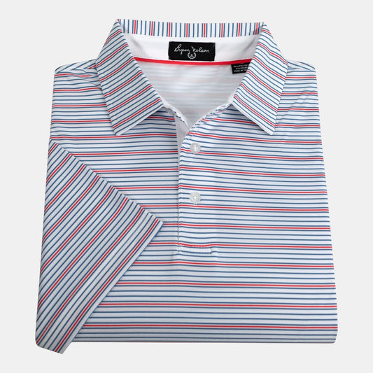 Byron Nelson Mariner Stripe polo shirt with blue and red horizontal stripes on white polyester-spandex fabric.