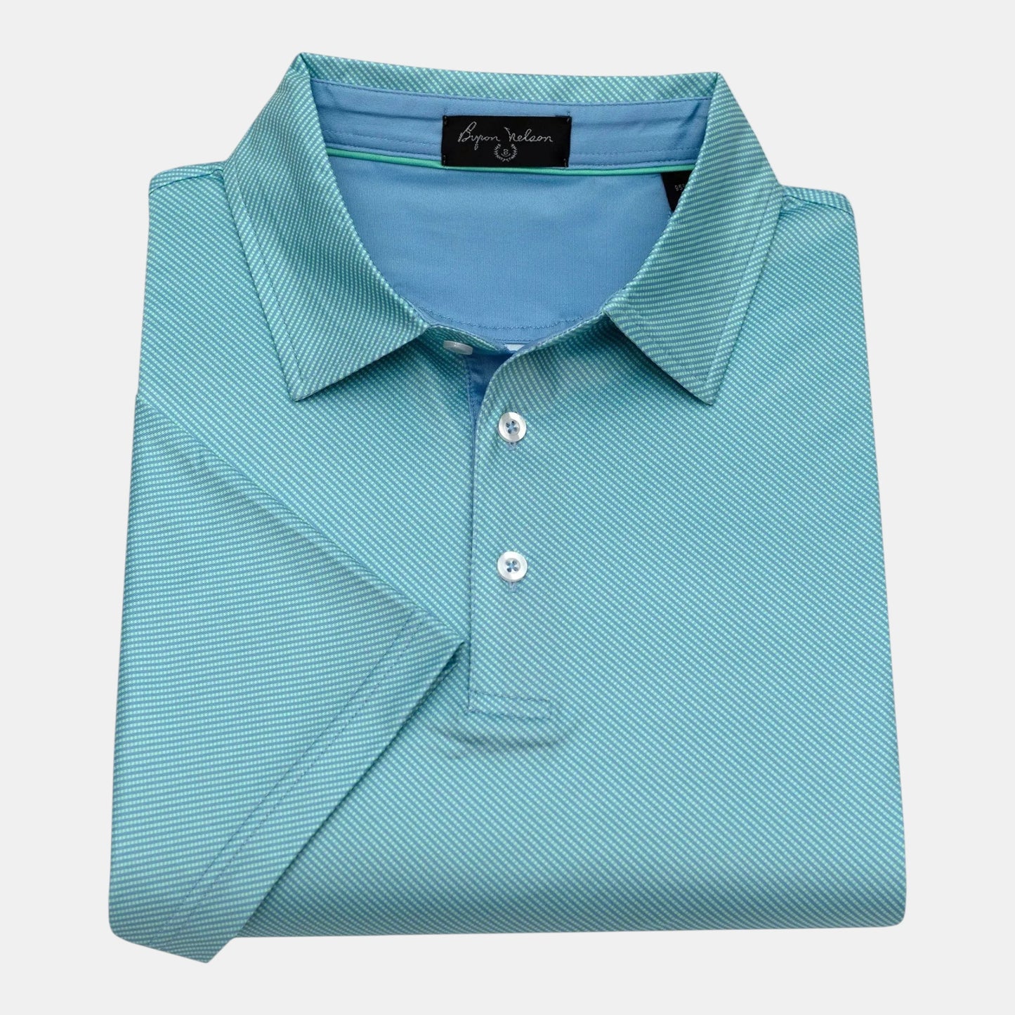 Byron Nelson teal and white striped short-sleeve performance polo shirt made of polyester and spandex blend.