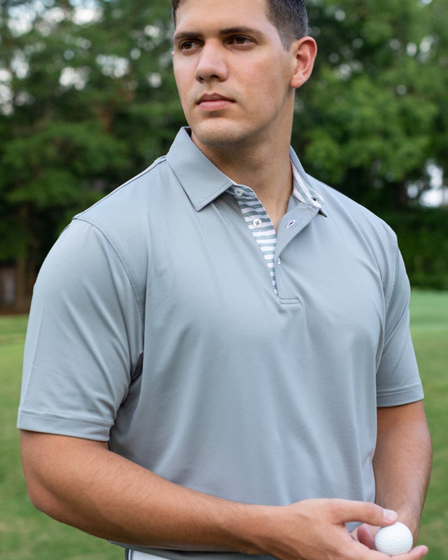 Byron Nelson Miami Polo shirt in light grey with striped placket and neck band. Men's short sleeve athletic fit golf shirt.