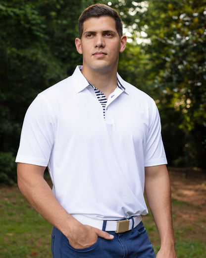 Byron Nelson Miami Polo: White performance fabric short-sleeve polo with navy striped placket and collar detail.